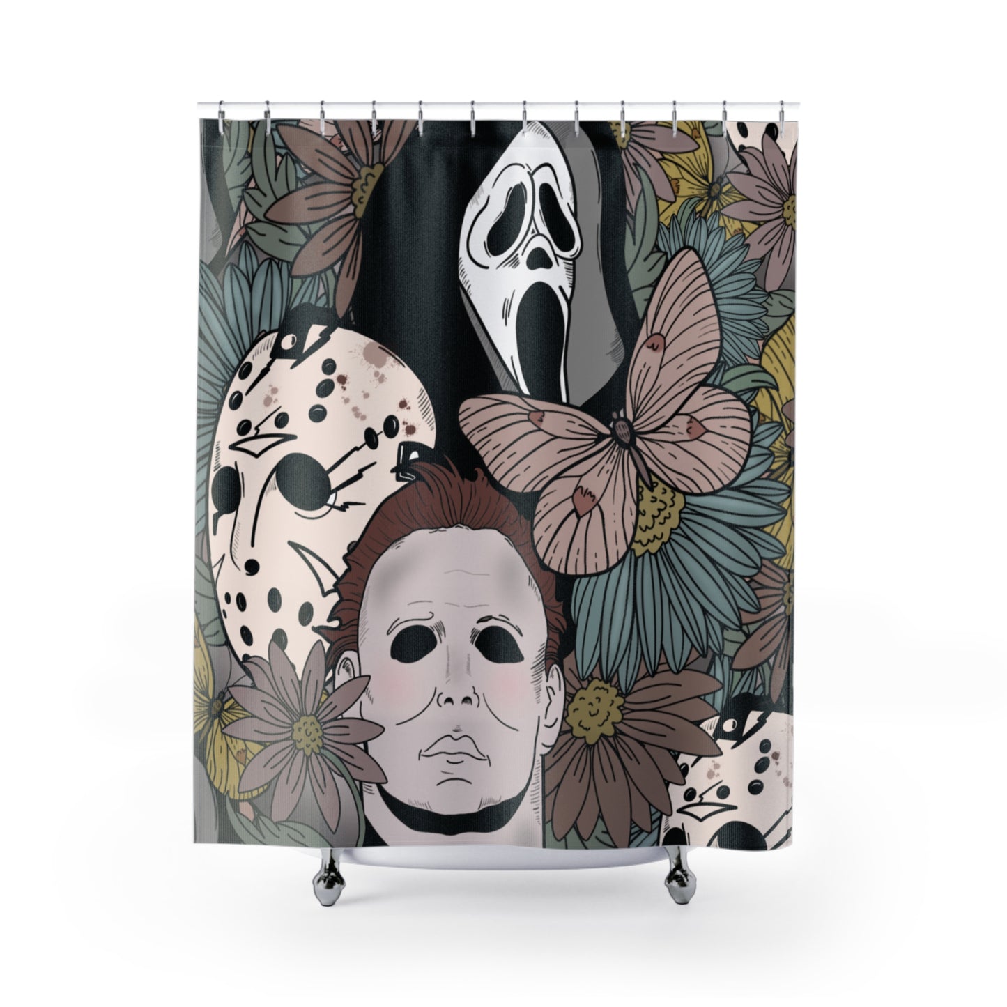 Horror Floral Shower Curtain featuring Horror Movie Serial Killers - Larger Print