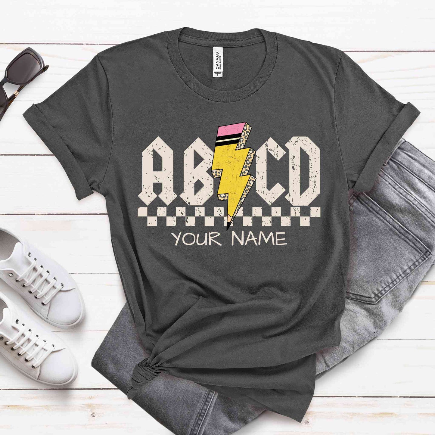 ABCD Rock 'n' roll Personalized Teacher T-Shirt in Asphalt