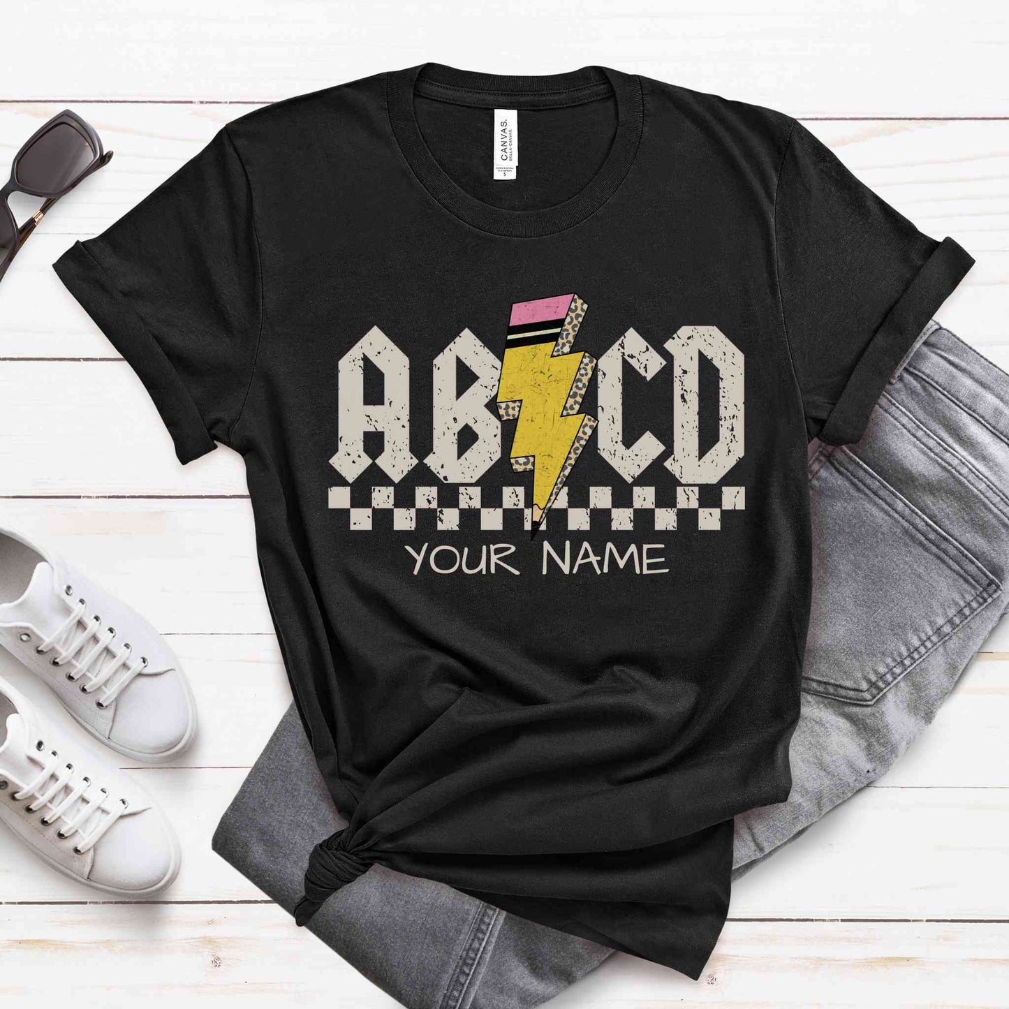 ABCD Rock 'n' roll Personalized Teacher T-Shirt in Black