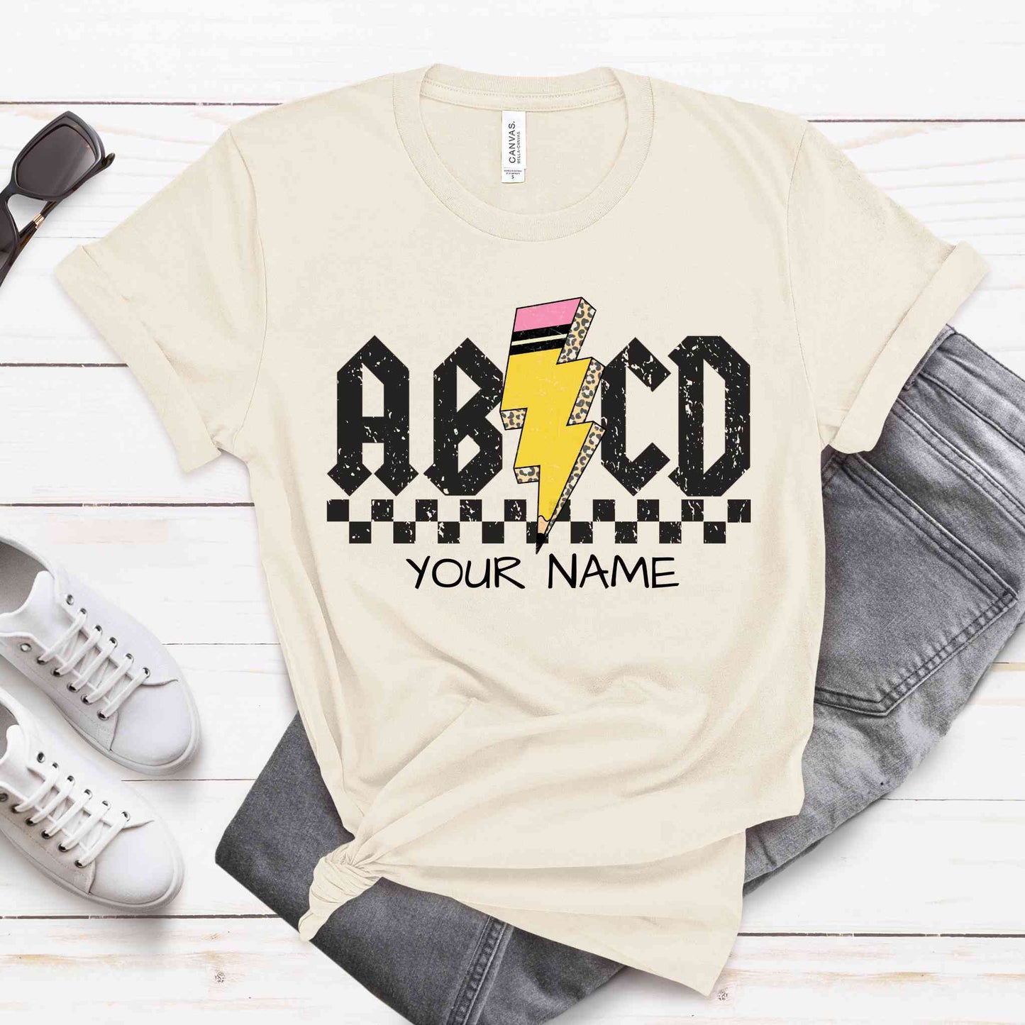 ABCD Rock 'n' roll Personalized Teacher T-Shirt in Natural