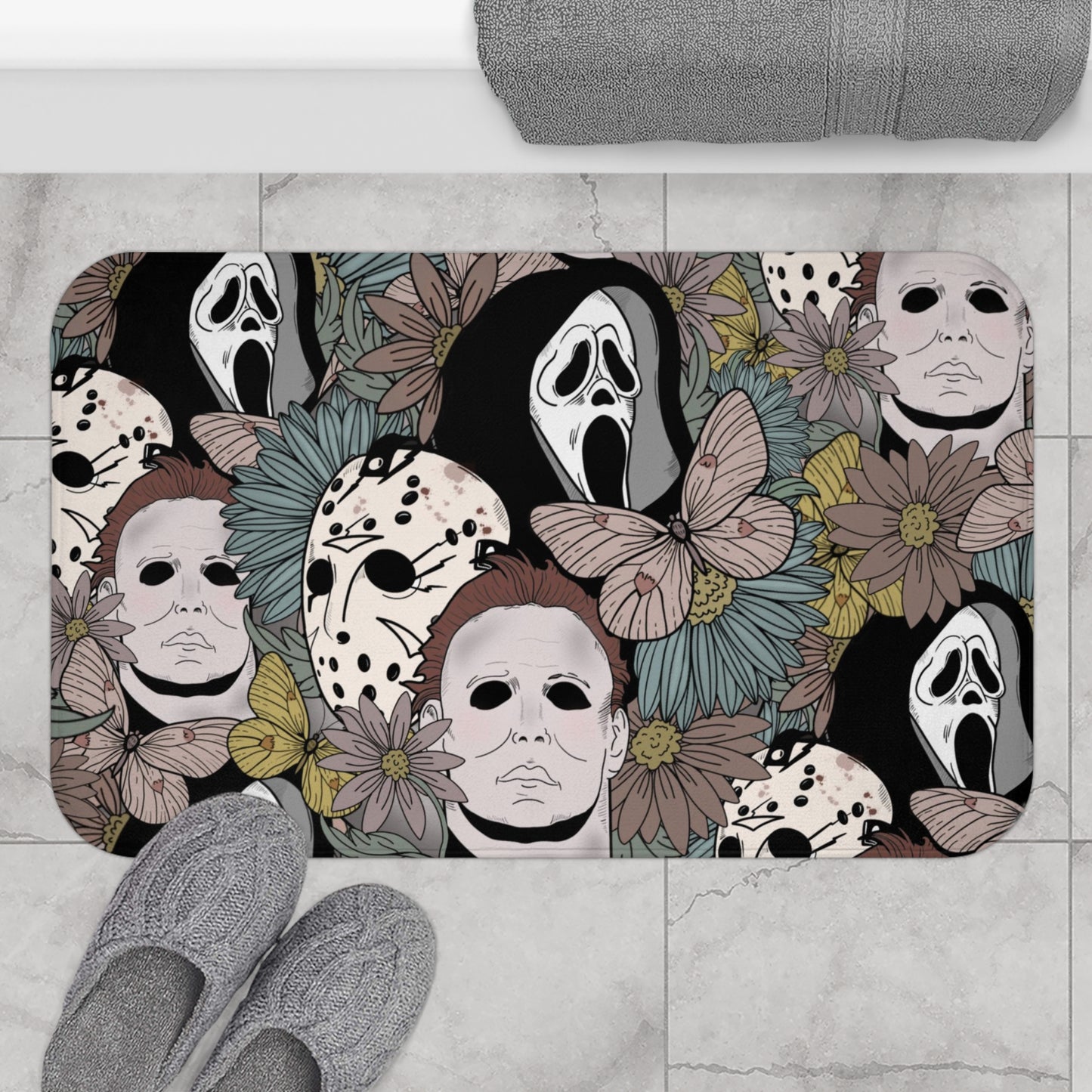 Floral Horror Movie Bath Mat Closeup