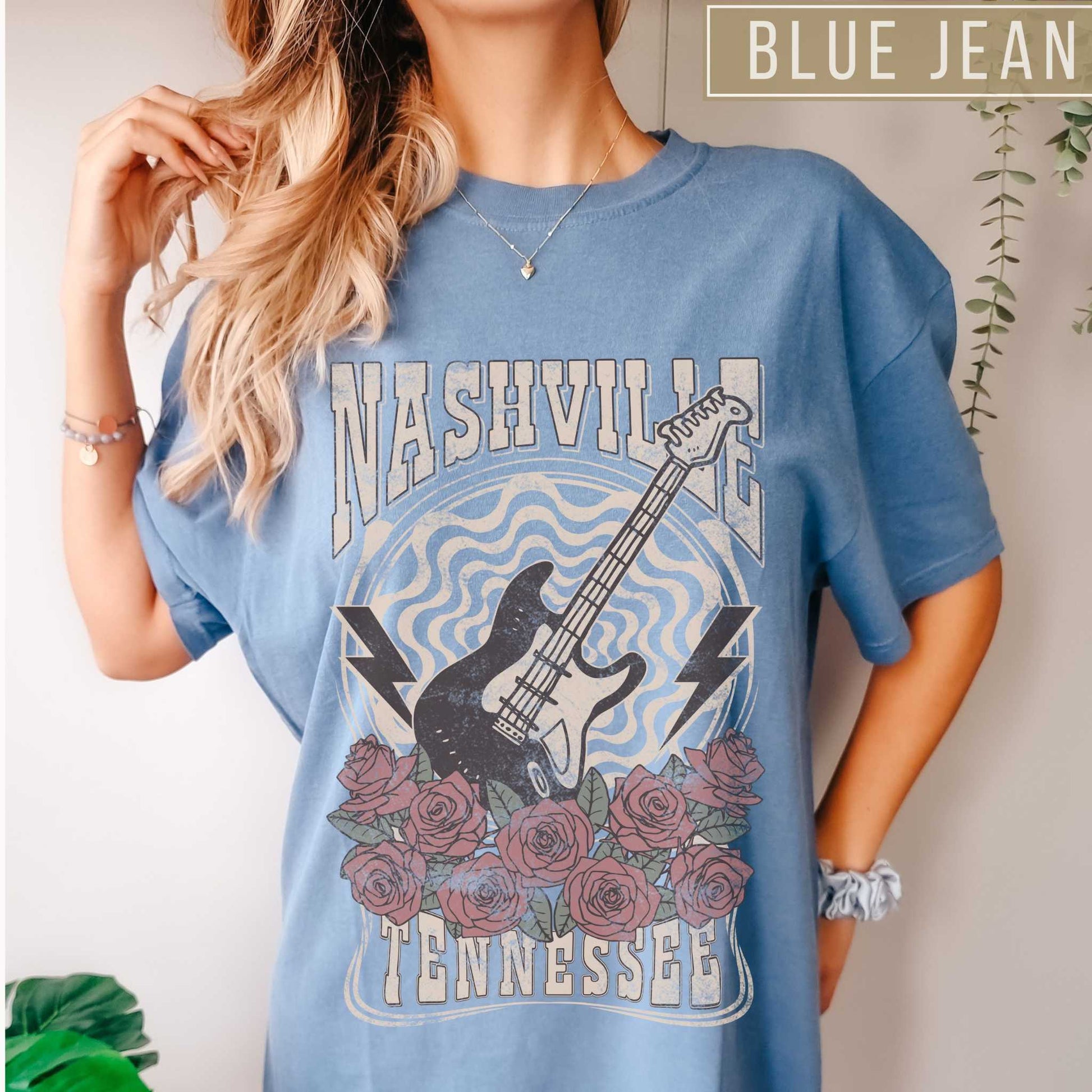 Retro Rock Guitar Nashville Shirt in Color Blue Jean