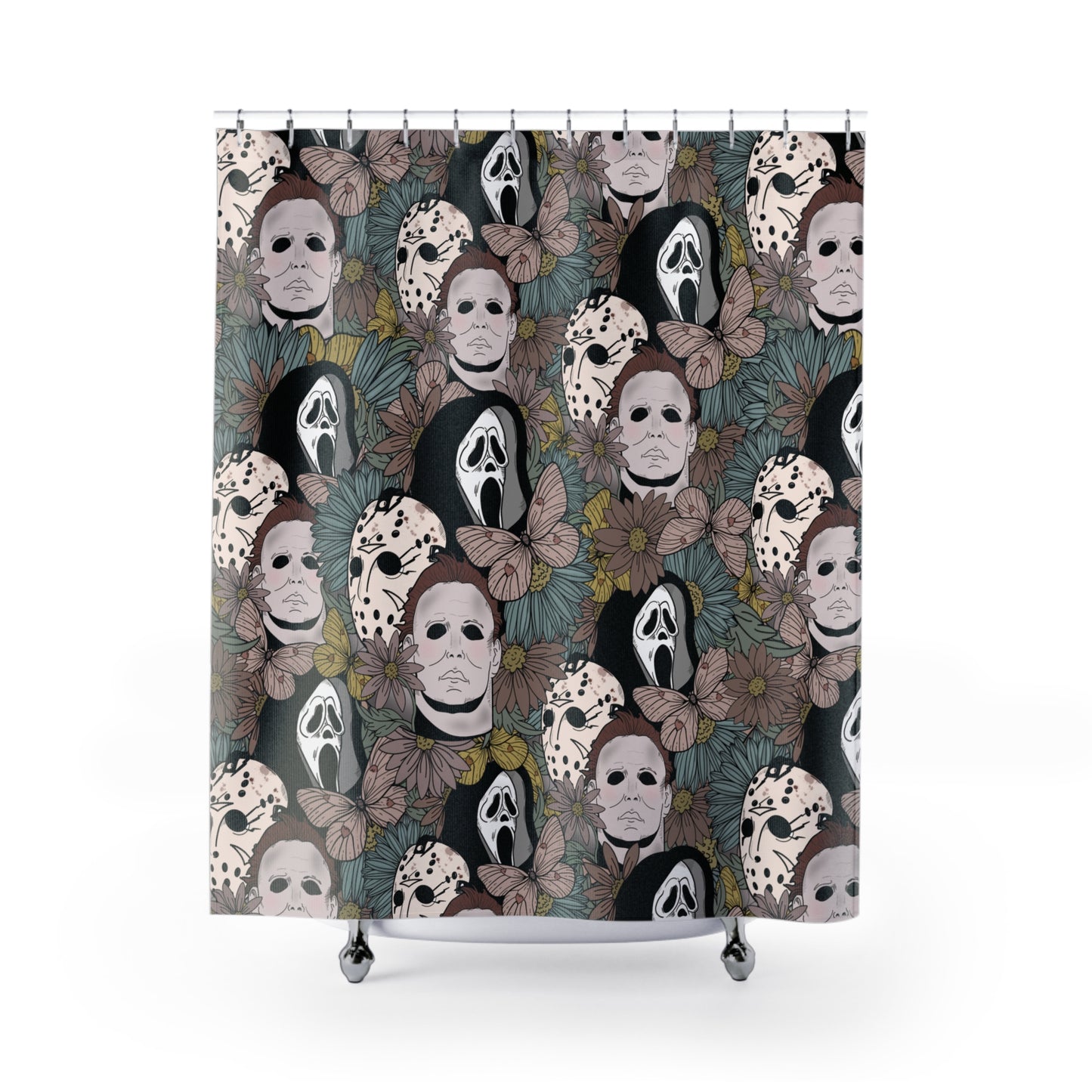 Floral Horror Shower Curtain featuring Horror Movie Serial Killers - Smaller Print