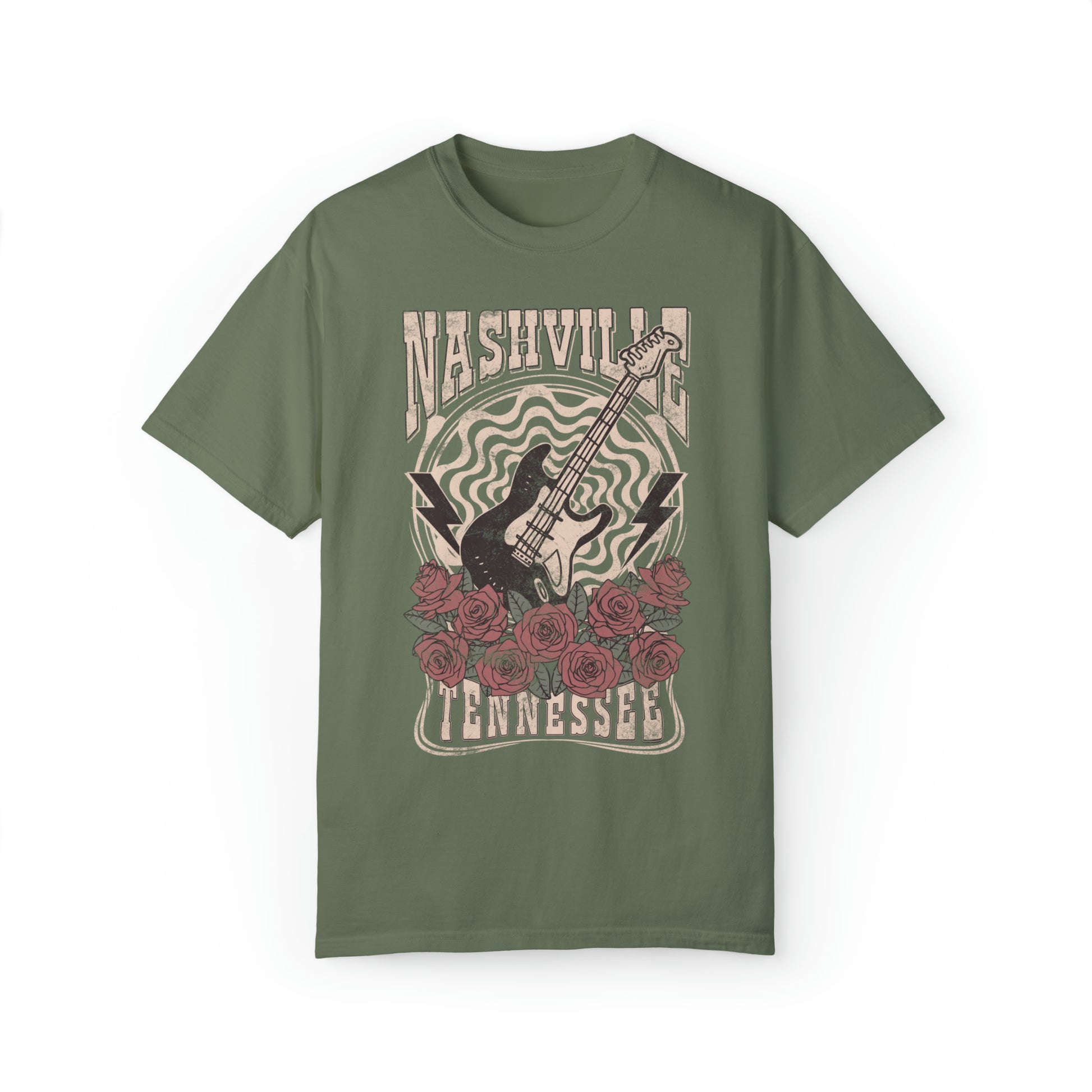 Retro Rock Guitar Nashville Shirt in Color Moss