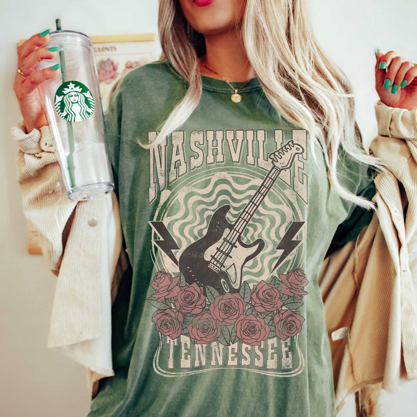 Retro Rock Guitar Nashville Shirt in Color Moss