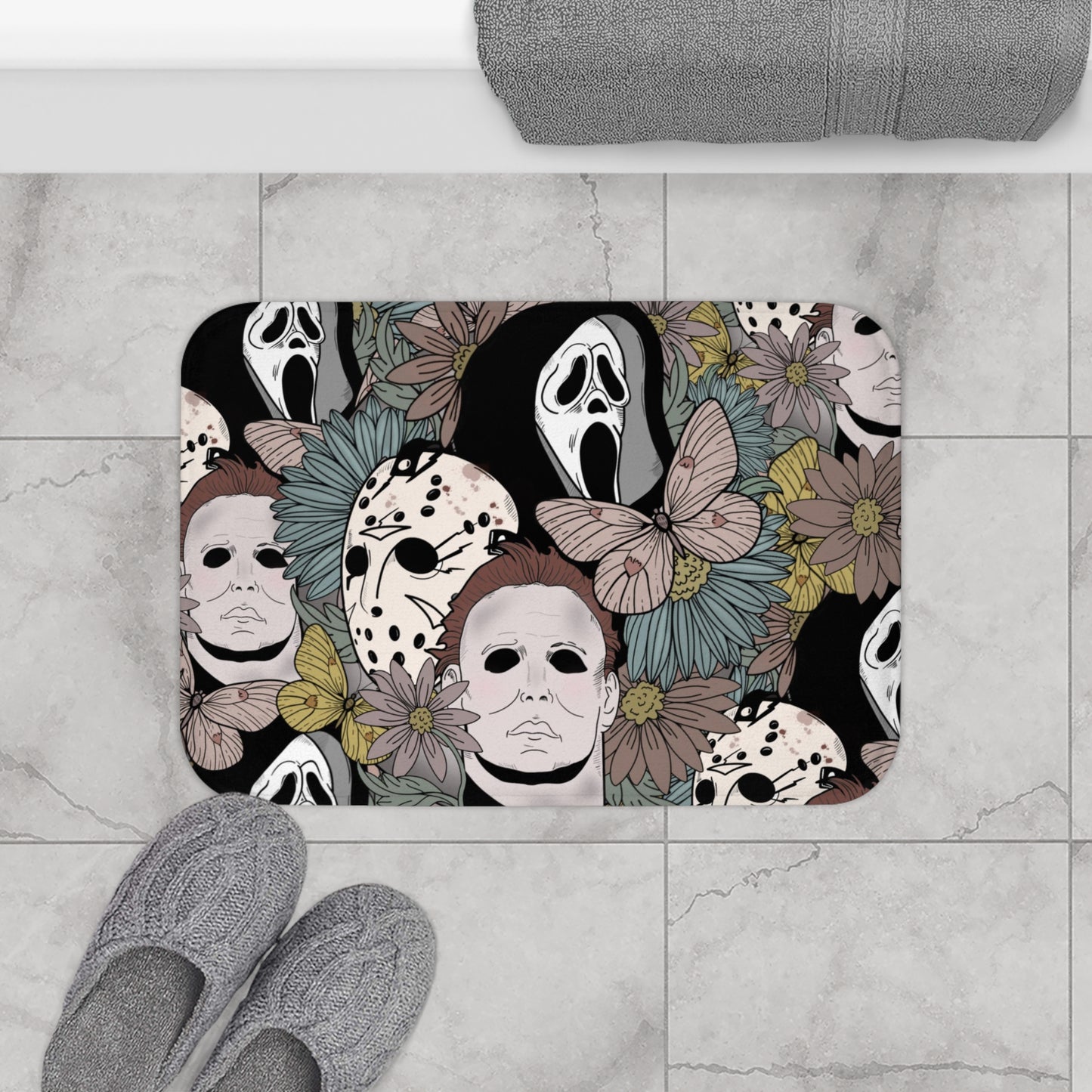 Floral Horror Movie Bath Mat Closeup