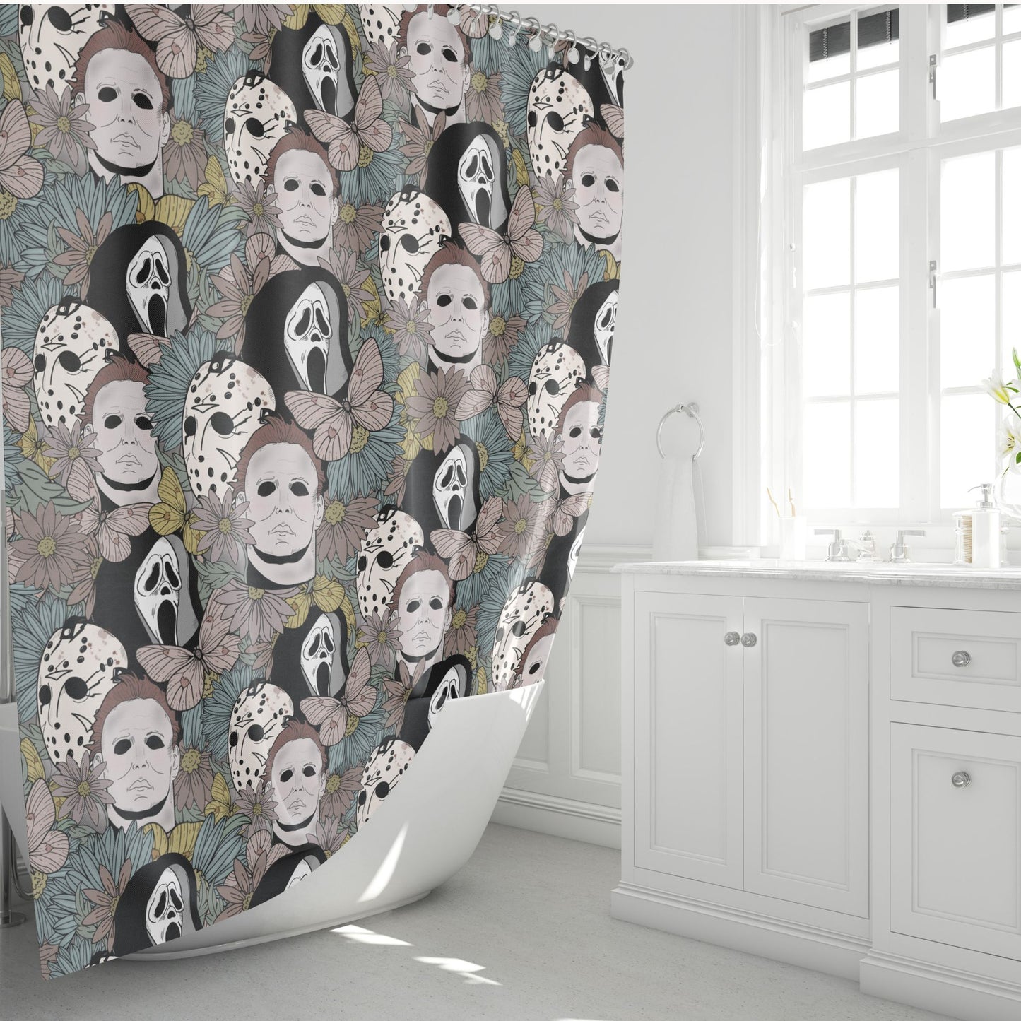 Floral Horror Shower Curtain featuring Horror Movie Serial Killers - Smaller Print