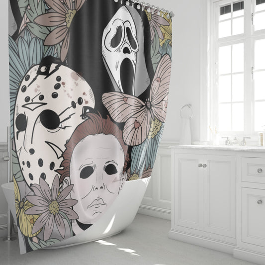 Horror Floral Shower Curtain featuring Horror Movie Serial Killers - Larger Print