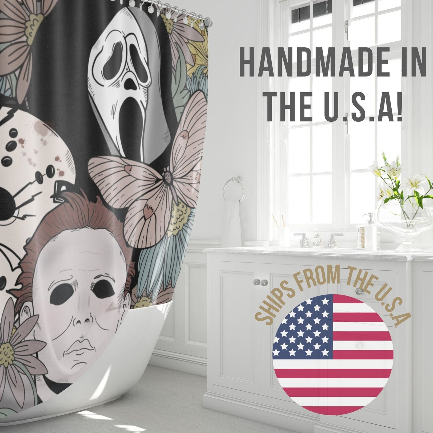 Horror Floral Shower Curtain featuring Horror Movie Serial Killers - Larger Print